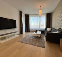 Living room in a two-room apartment with a wooden decor floor, large window, and television.