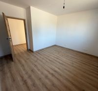 A room in a family house with a wooden decor floor and wooden doors.