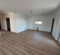 The interior of a family house with a wooden decor floor and minimalist lighting.