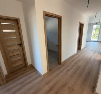 A hallway in a family house with a wooden decor floor and wooden doors.