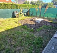 The garden of a family house on Kupeckého Street in Piešťany with a lawn and a flower bed.