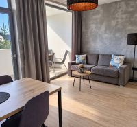Living room in a two-room apartment with a wooden decor floor and a balcony.