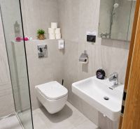 Bathroom with toilet and shower in a 2-room apartment.