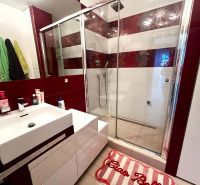 A bathroom with a shower and a sink in a 3-room apartment with decorative tiles.