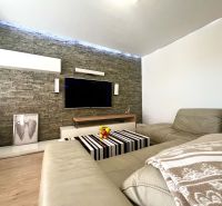 Living room in a 3-room apartment with a leather sofa and a wooden decor floor.