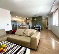 Living room of a three-room apartment with a wooden decor floor and a kitchenette.