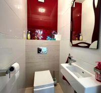 A bathroom in a 3-room apartment with a wall-hung toilet, a sink, and red tiles.