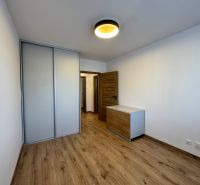 Bedroom in a 3-room apartment with a wooden decor floor and a built-in wardrobe.