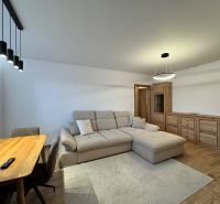 A living room in a 3-room apartment with a wooden decor floor and a comfortable sofa.