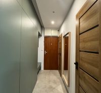 A hallway in a 3-room apartment with a floor and wooden doors.