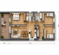 Floor plan of a family house with a terrace, three rooms, and a kitchen, dining room, living room.