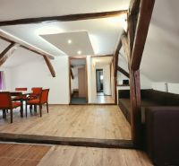 A recreational apartment with a wooden decor floor, wooden beams, and comfortable furniture.