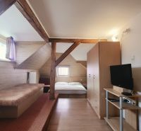 Interior of a holiday apartment with a bed, television, and wooden decor flooring.