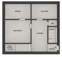 Floor plan of a family house with a bedroom, living room, kitchen, hallway, toilet, and staircase.