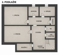 Floor plan of the second level of a family house with bedrooms, a bathroom, and a balcony.