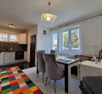 Kitchen with dining area in a family house, floor with wooden decor, colorful carpet.