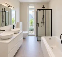A bathroom with two sinks, a shower, and a bathtub in a family house.