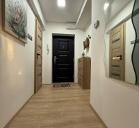 A hallway in a 2-room apartment with a wooden decor floor, decorations, and a mirror.