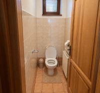 Bathroom interior of a family house with a toilet, window, and tiles.