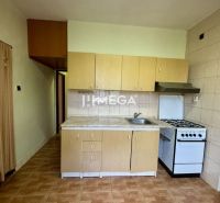 A kitchen in a 2-room apartment with a kitchen unit and a floor with a wooden decor.