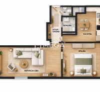 Floor plan of a 2-room apartment with a living room, kitchen, bedroom, bathroom, and wooden decor flooring.