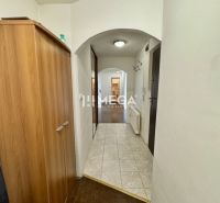A hallway in a 3-room apartment with tiles and a floor with a wooden decor.