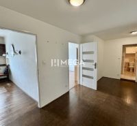 A hallway with a wooden decor floor and doors in a 3-room apartment.