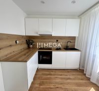 A kitchen with white cabinets, wooden decor, and flooring in a studio apartment.
