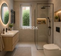 A bathroom in a family house with a sink, a shower, and decorative lighting.