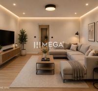 Living room in a family house with a comfortable sofa and a television, floor with wooden decor.