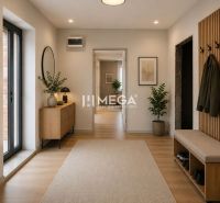 Entrance hall of a family house with a wooden decor floor, plants, and modern lighting.