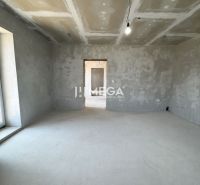 Empty room in a family house with plastered walls and a single light.