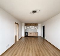 Living room in a 3-room apartment with a wooden decor floor and a kitchen unit.