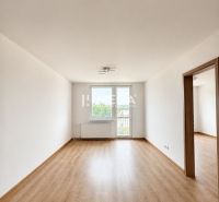 Spacious living room with wood-patterned flooring in a three-room apartment.