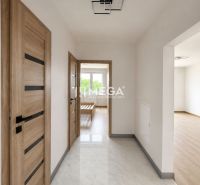 A hallway in a 3-room apartment with wooden doors and a floor with a wooden decor.