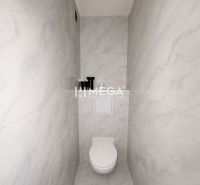 A toilet with a minimalist design and light ceramic tiles in a 3-room apartment.