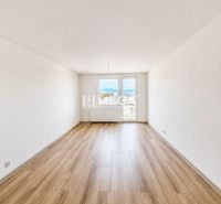 A spacious living room with access to a balcony and a floor with a wooden decor in a 2-room apartment.