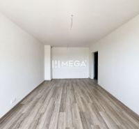 A spacious room with a wooden decor floor in a 2-room apartment.
