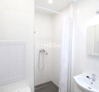 Bathroom in a holiday apartment with a toilet, shower, and sink.
