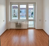 A room in a 2-room apartment with a wooden decor floor and a large window.