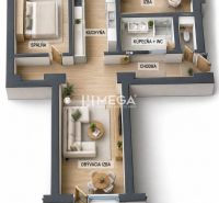 Floor plan of a 3-room apartment with a balcony, kitchen, and wooden decor flooring.