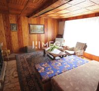 Living room in a family house with a fireplace, wooden paneling, and a couch.