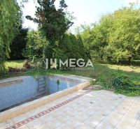 The garden of a family house on Kudlovska Street in Humenné with an empty pool and tiles.