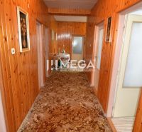 A hallway in a family house with wooden paneling and a carpet with patterns.