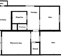 Floor plan of a 3-room apartment with a kitchen, bathroom, pantry, living room, and loggia.