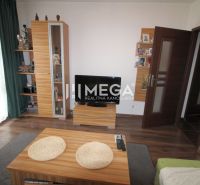 Living room in a 3-room apartment with furniture, a television, and a floor with a wooden decor.