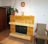 Interior of a family house with a fireplace and wooden decor flooring, simple furnishings.