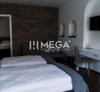 A hotel room with a tiled wall, a floor with a wooden decor, and a writing desk.