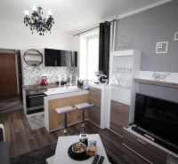 Kitchen in a holiday apartment with a sofa and wooden decor flooring.