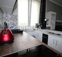 Kitchen unit with decorative tiles and appliances in the Recreational Apartment.